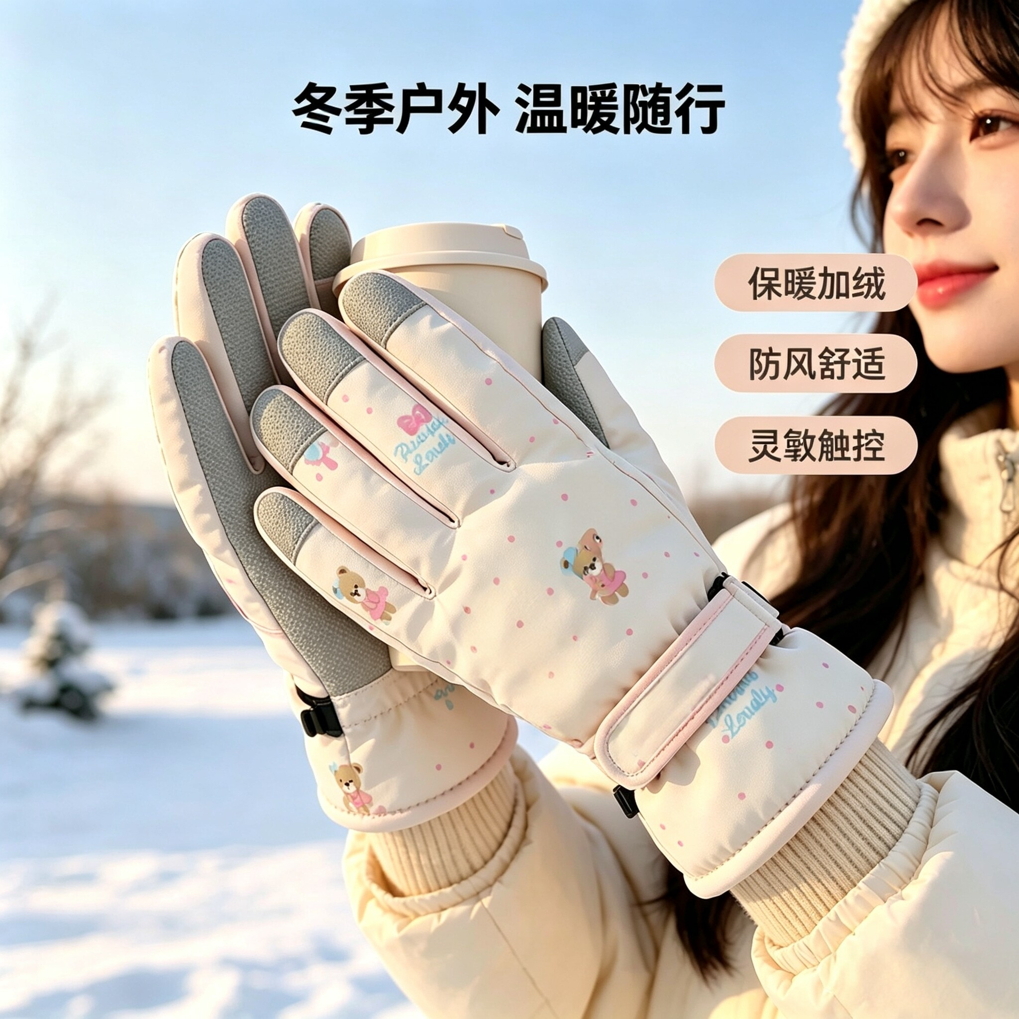 可爱小熊滑雪手套女冬季韩系保暖加绒加厚户外防风防寒骑车