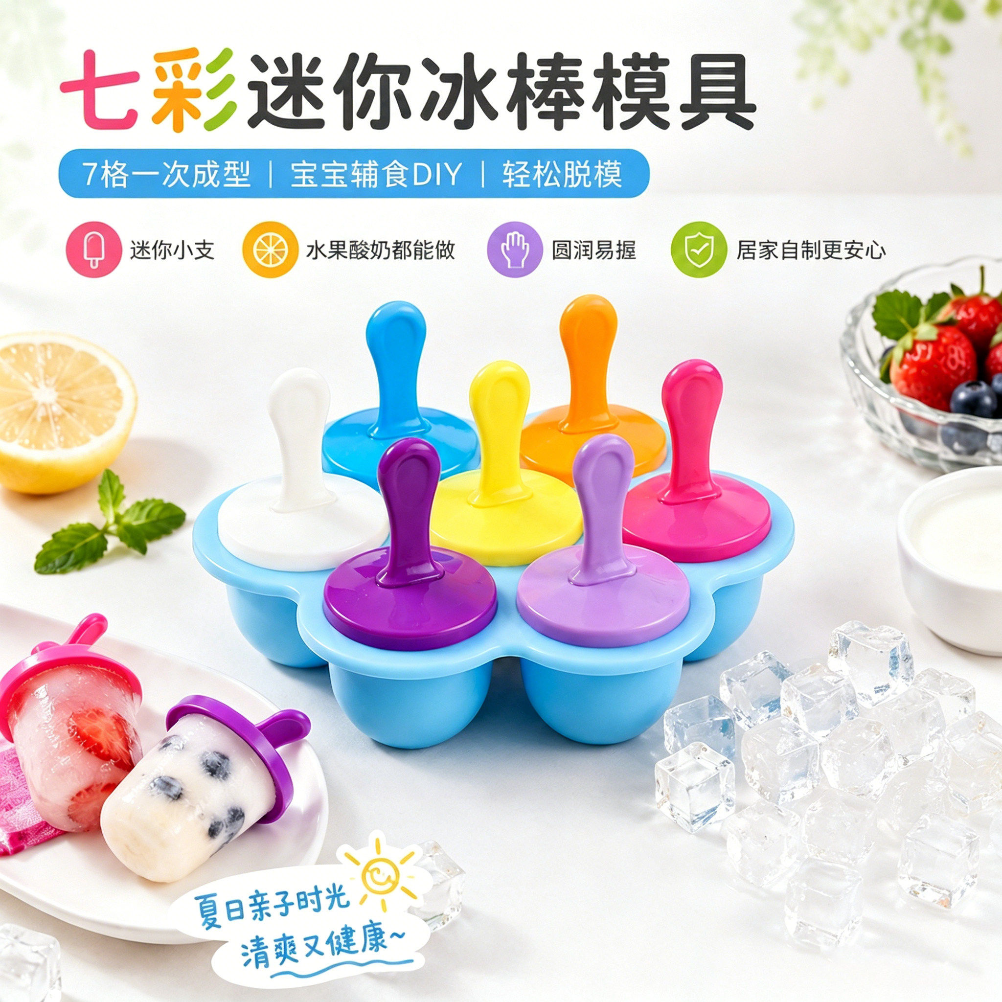 雪糕模具冰淇淋冰棒冰棍儿童七彩小冰棍辅食冰块迷你棒棒冰模型