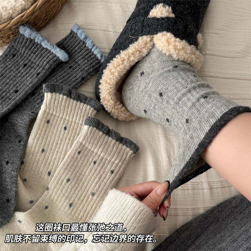 波点羊毛袜子女秋冬季灰色中筒袜