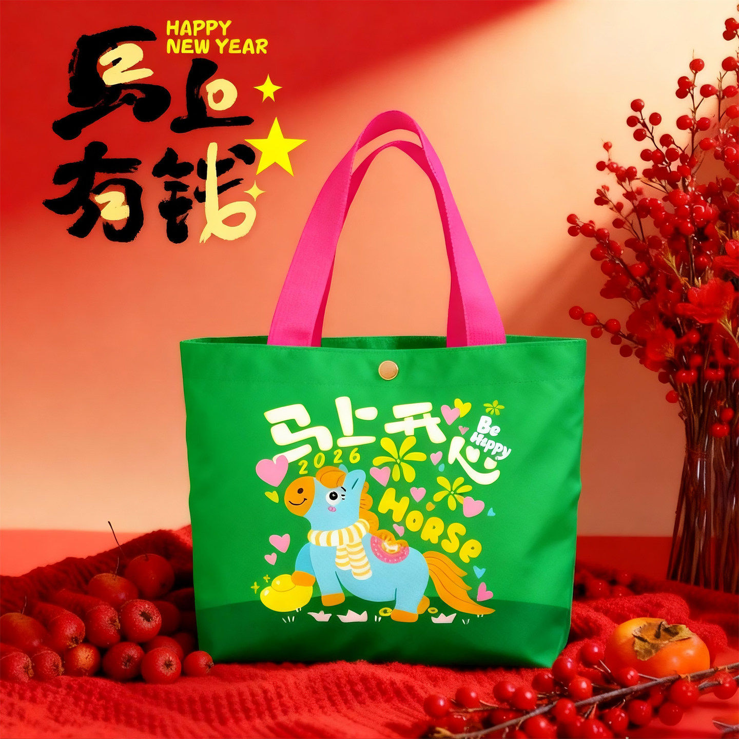 2026马年新款帆布包创意定制福袋通勤包单肩手提绒布袋喜庆礼品包