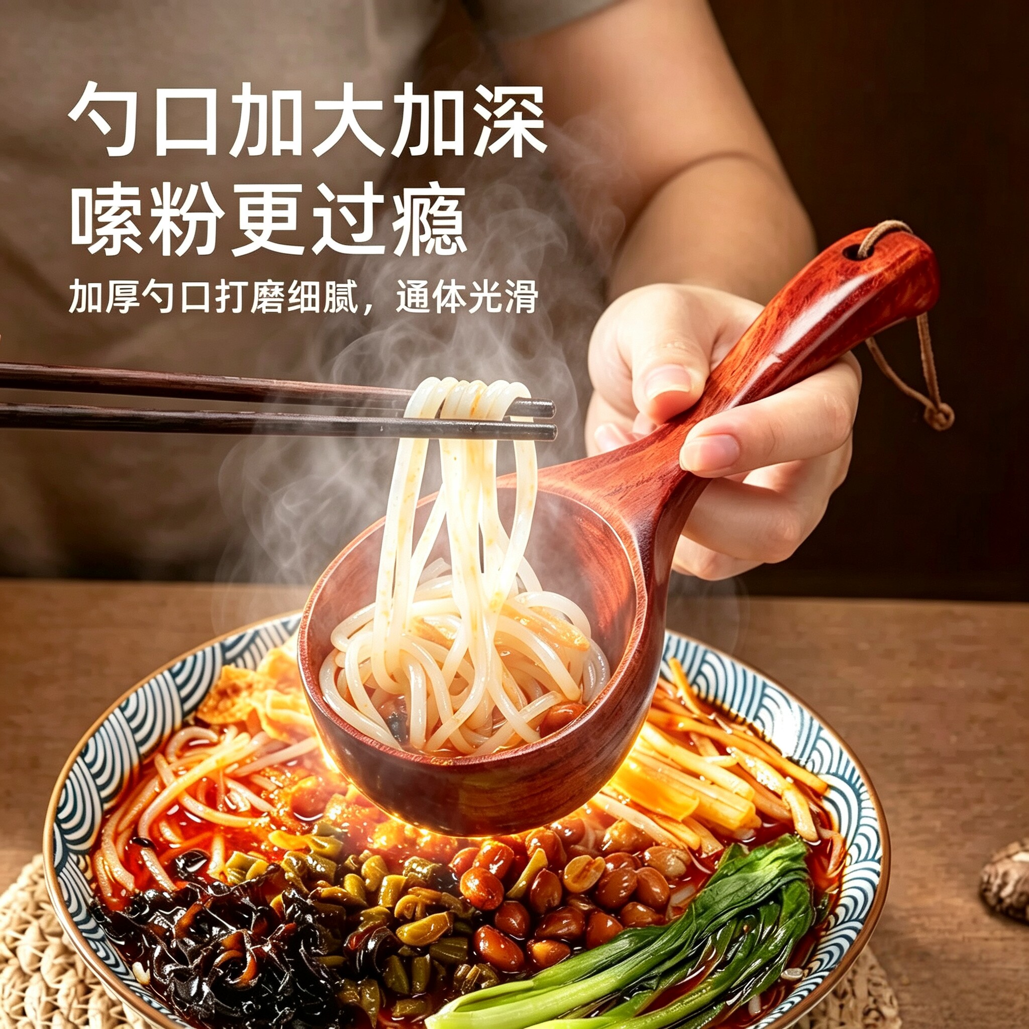 日式木质长柄大汤勺嗦粉喝汤