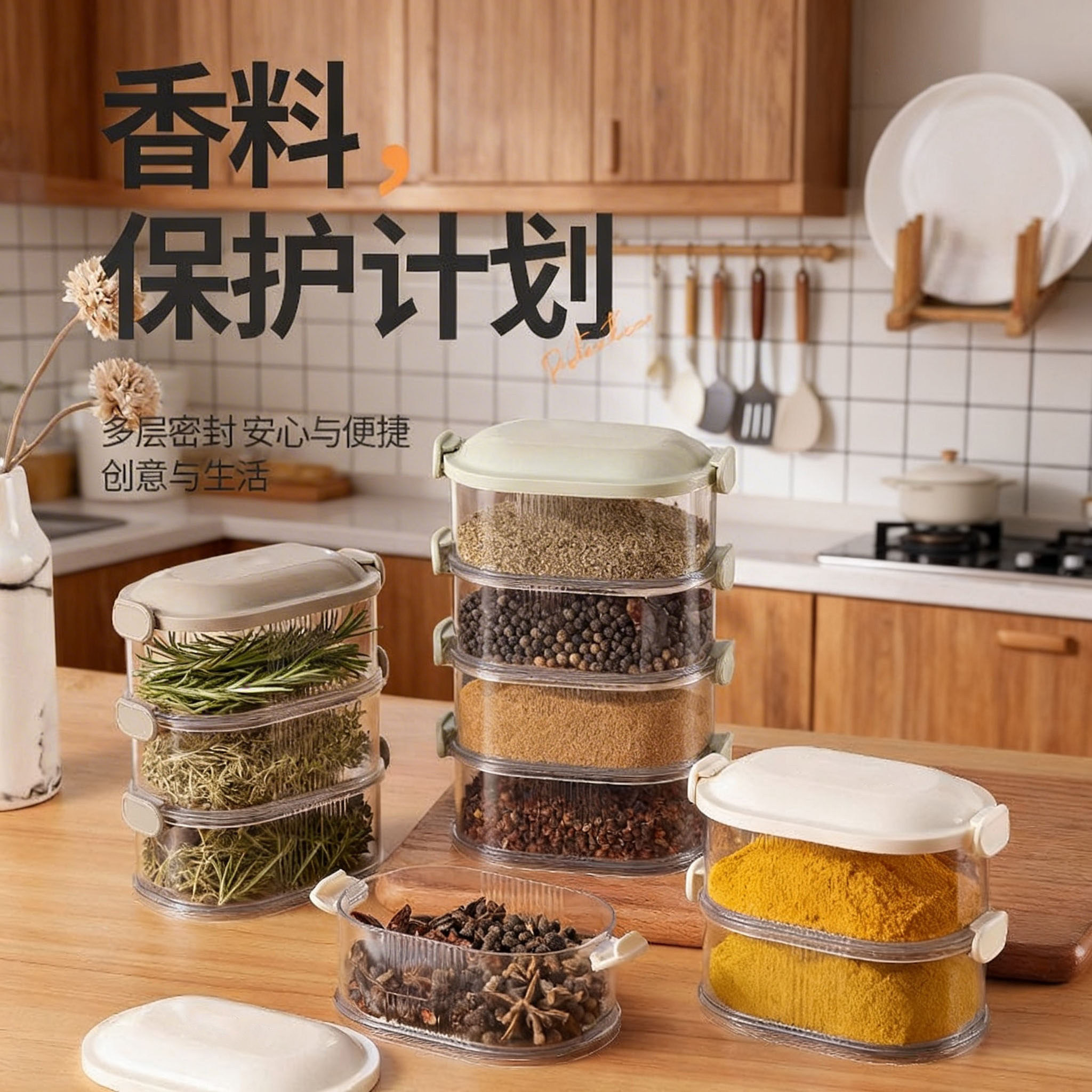 厨房香料防尘收纳盒大容量分隔家用调料防串味调料罐套装收纳罐子