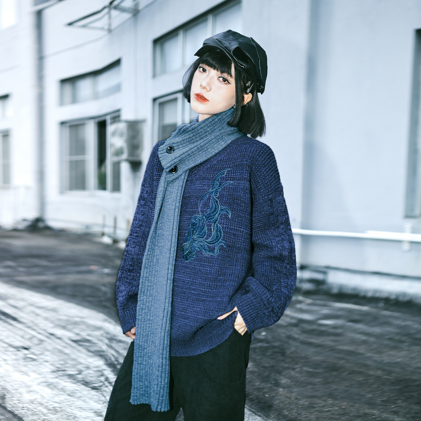 thumbnail for Eccentric House "Floating Fin Dream" embroidered blue sweater design sense detachable scarf autumn and winter retro thick top girl