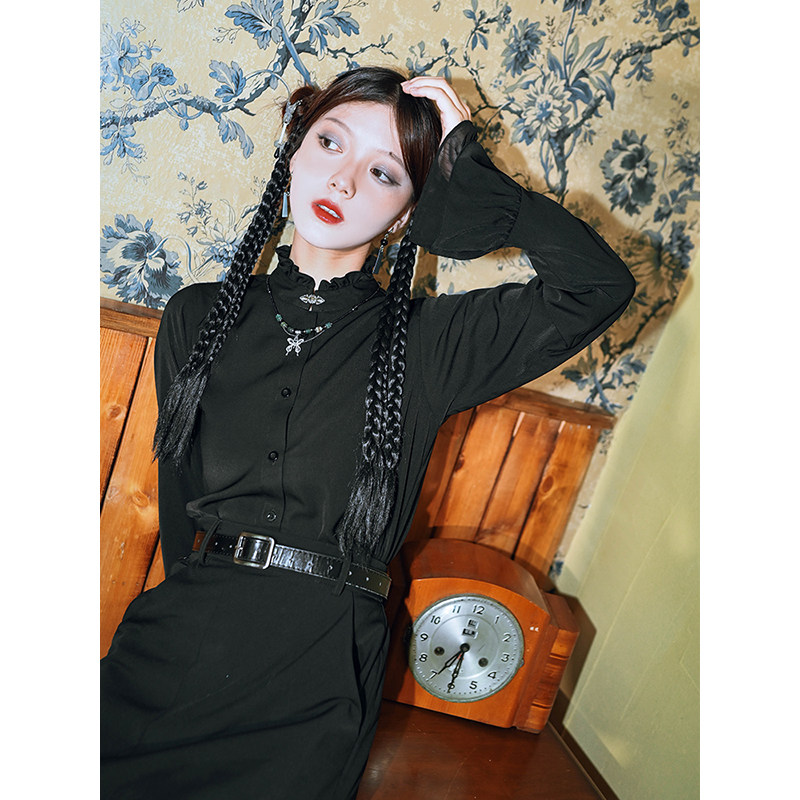 古怪舍「朝暮间」国风复古少女感黑色荷叶边新中式立领衬衫上衣春