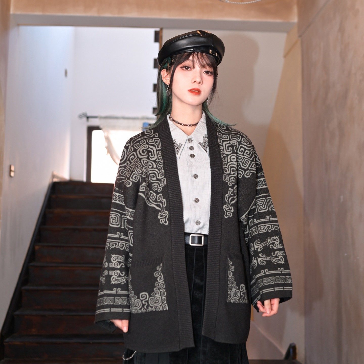 thumbnail for Quirky House "Casting Soul" loose national style bronze pattern sweater jacket women's autumn and winter new Chinese cardigan jacquard top