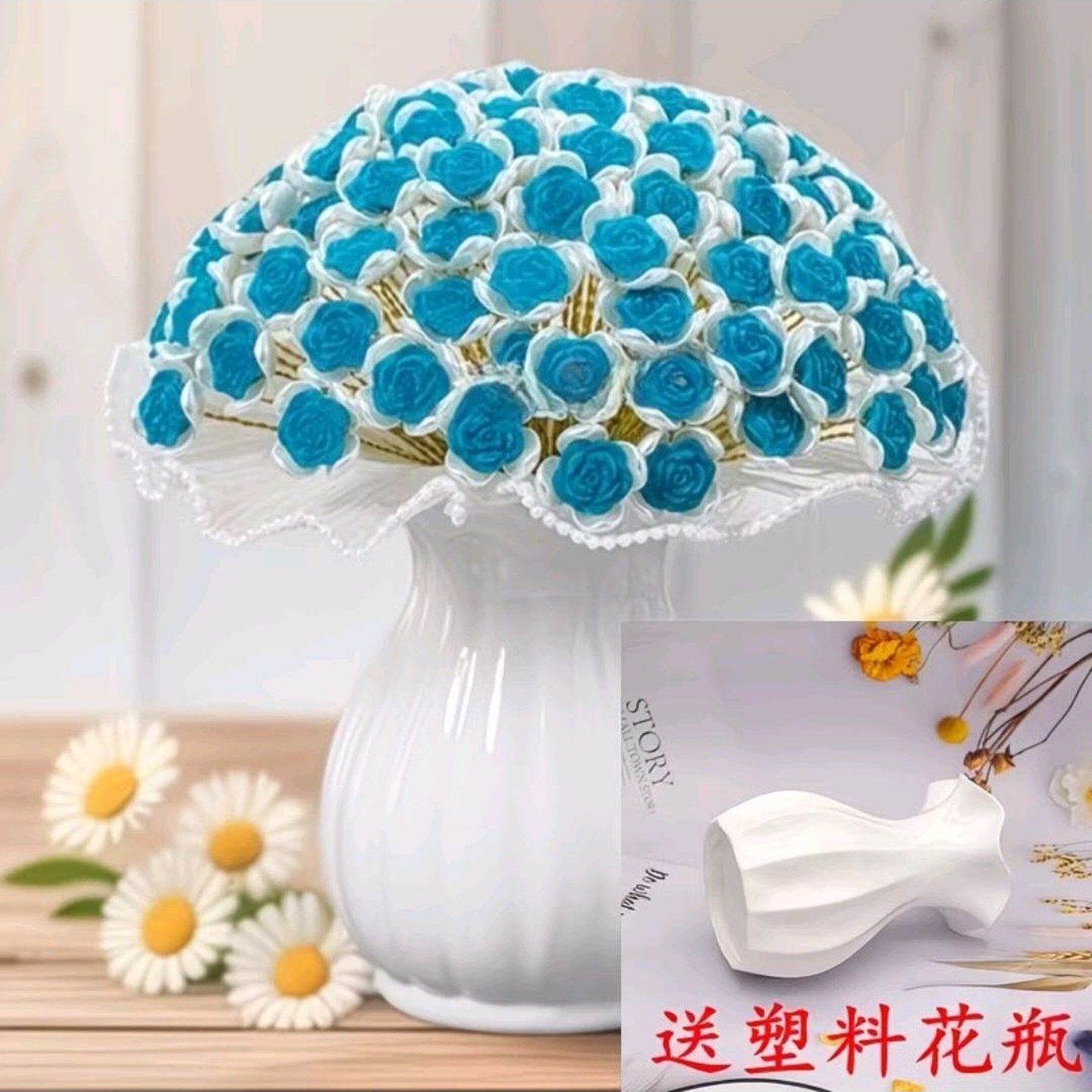 湖蓝99朵全套材料包不含花瓶抖音同款植绒玫瑰花手工DIY材料包花