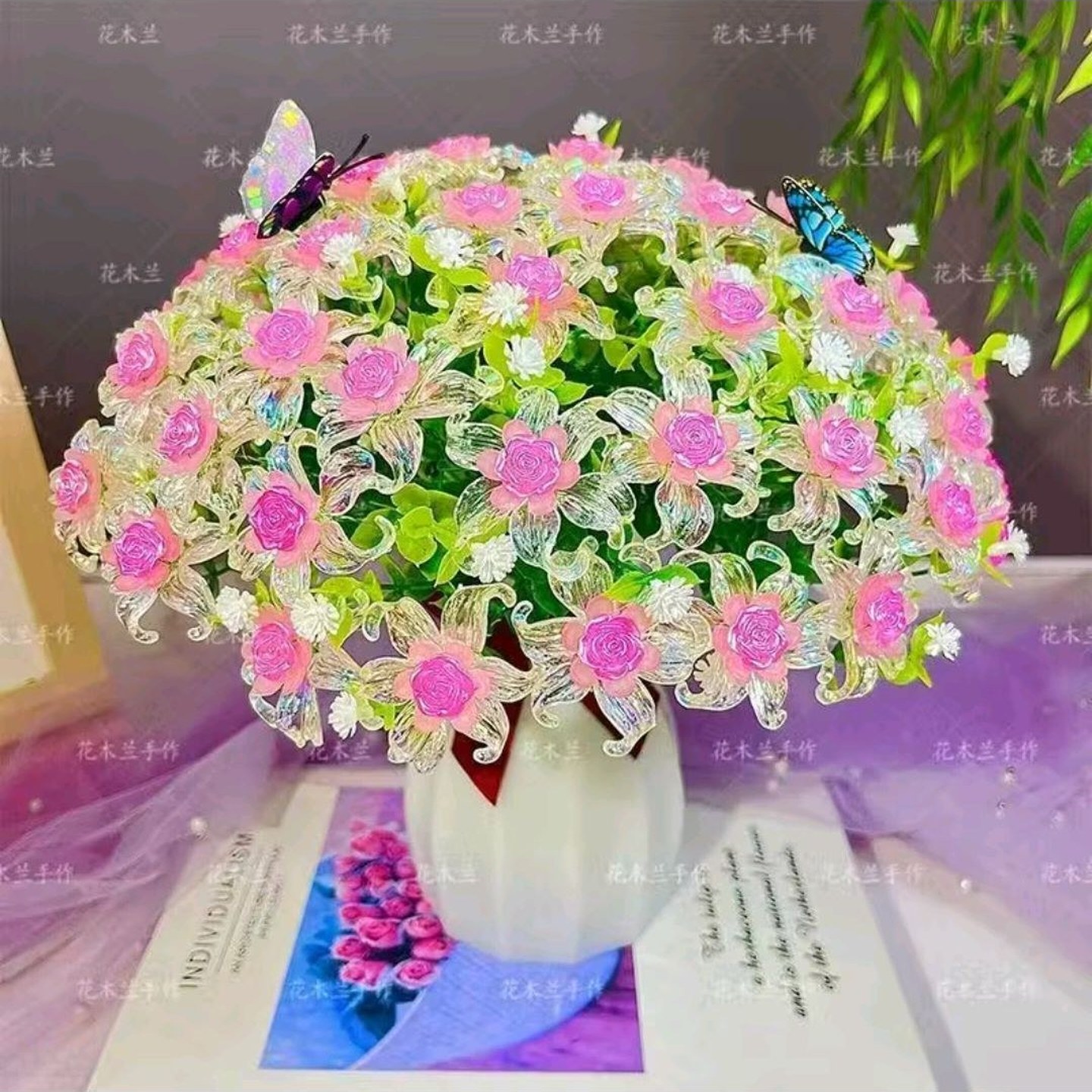 白色粉红送荷叶防摔花瓶卷心玫瑰客厅摆放花手工DIY手工编织花束