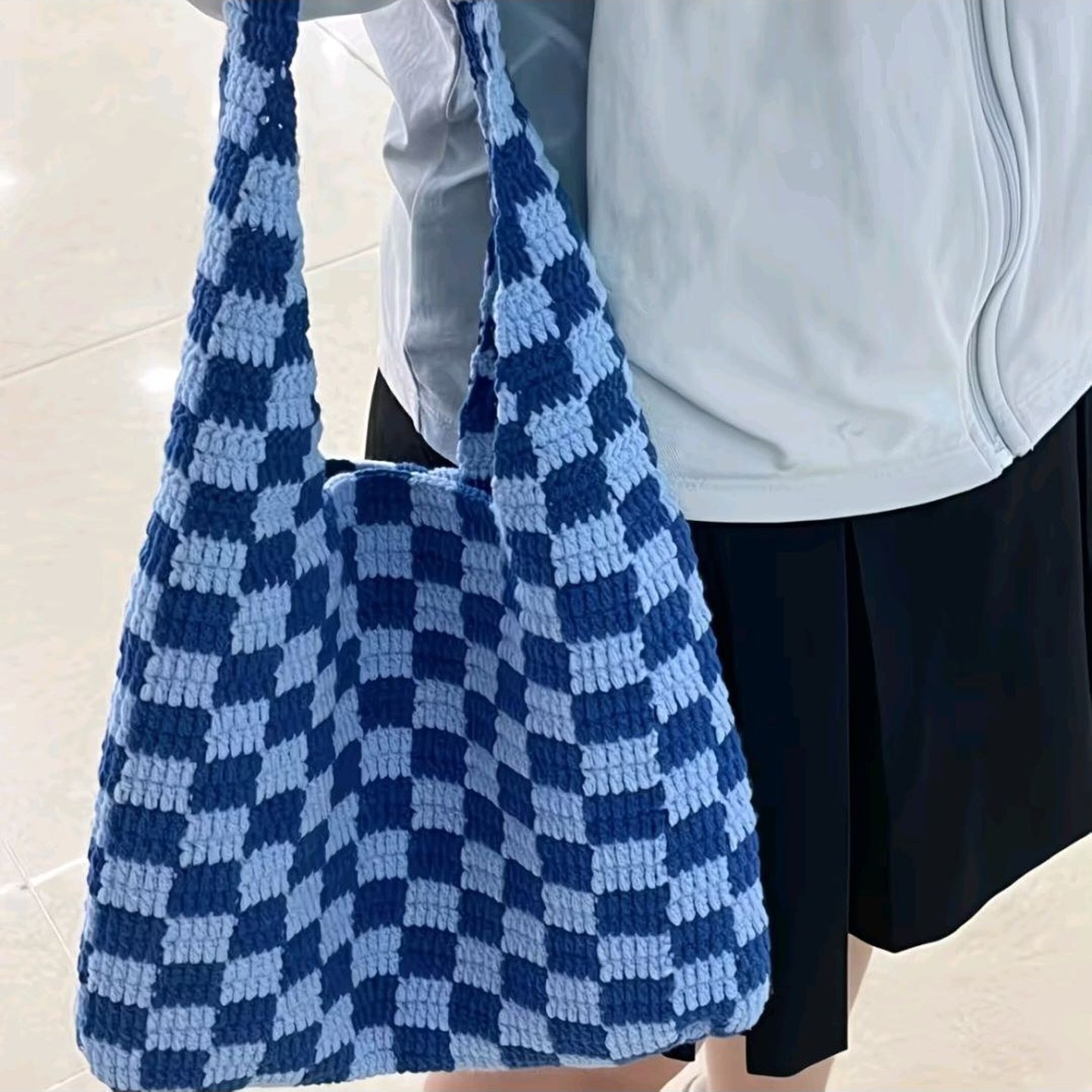 棋盘格手工毛线手提包腋下格包钩针编织棋盘菱形diy拎包材料包包