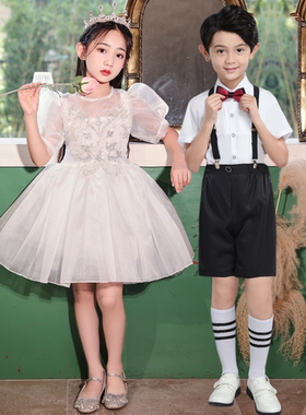 六一儿童合唱演出服白色公主裙蓬蓬纱裙幼儿园毕业照表演典礼服装
