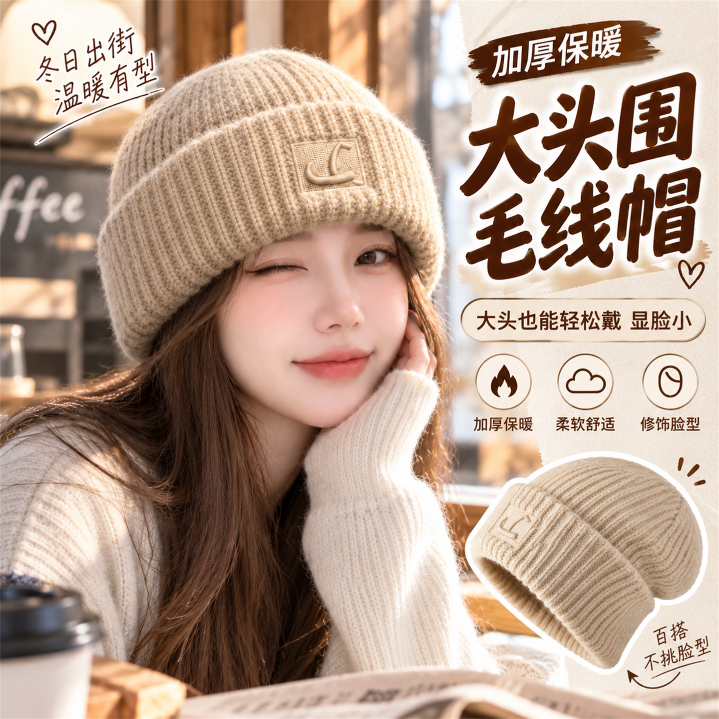 大头围毛线帽子女款秋冬季