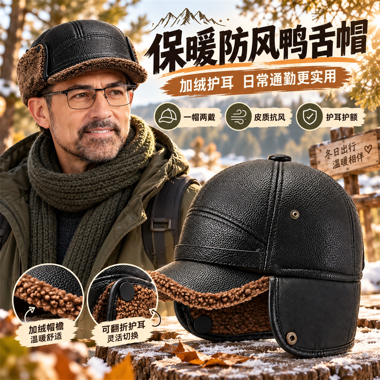 男士帽子护耳棒球帽秋冬季冬天中老年加厚保暖鸭舌帽休闲老人爸爸