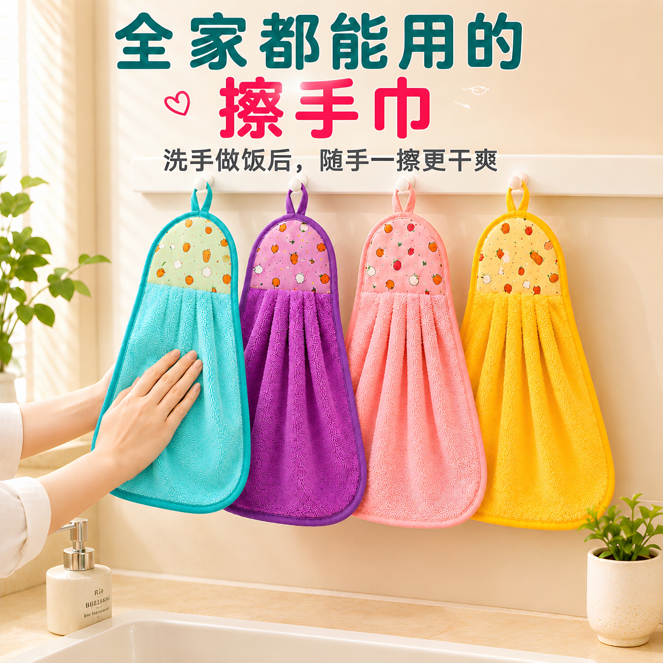 加厚挂式吸水擦手巾厨房卫生间儿童家用可爱擦手巾毛巾抹布清洁巾