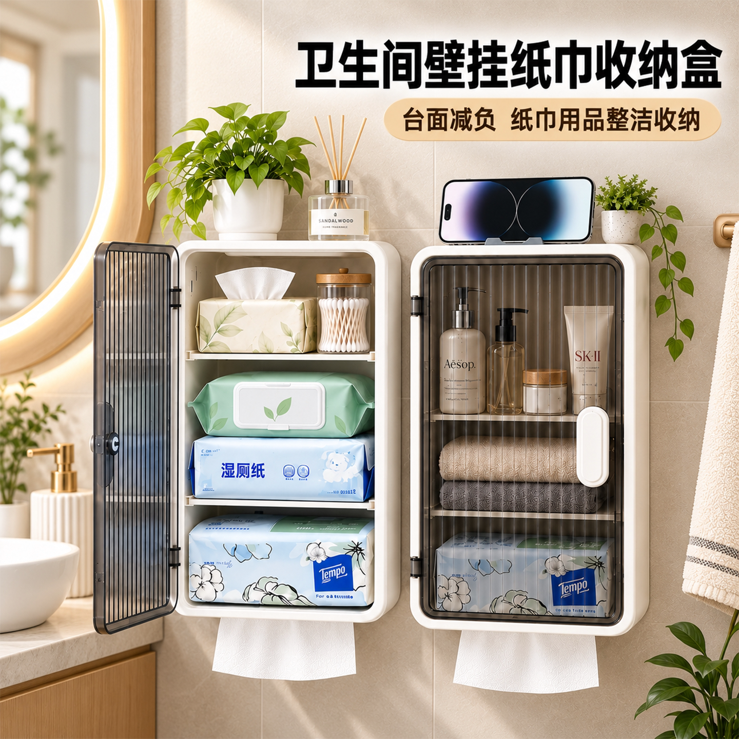 卫生间壁挂纸巾收纳盒纸巾盒浴室打孔防水纸盒厕所卫生纸置物架子