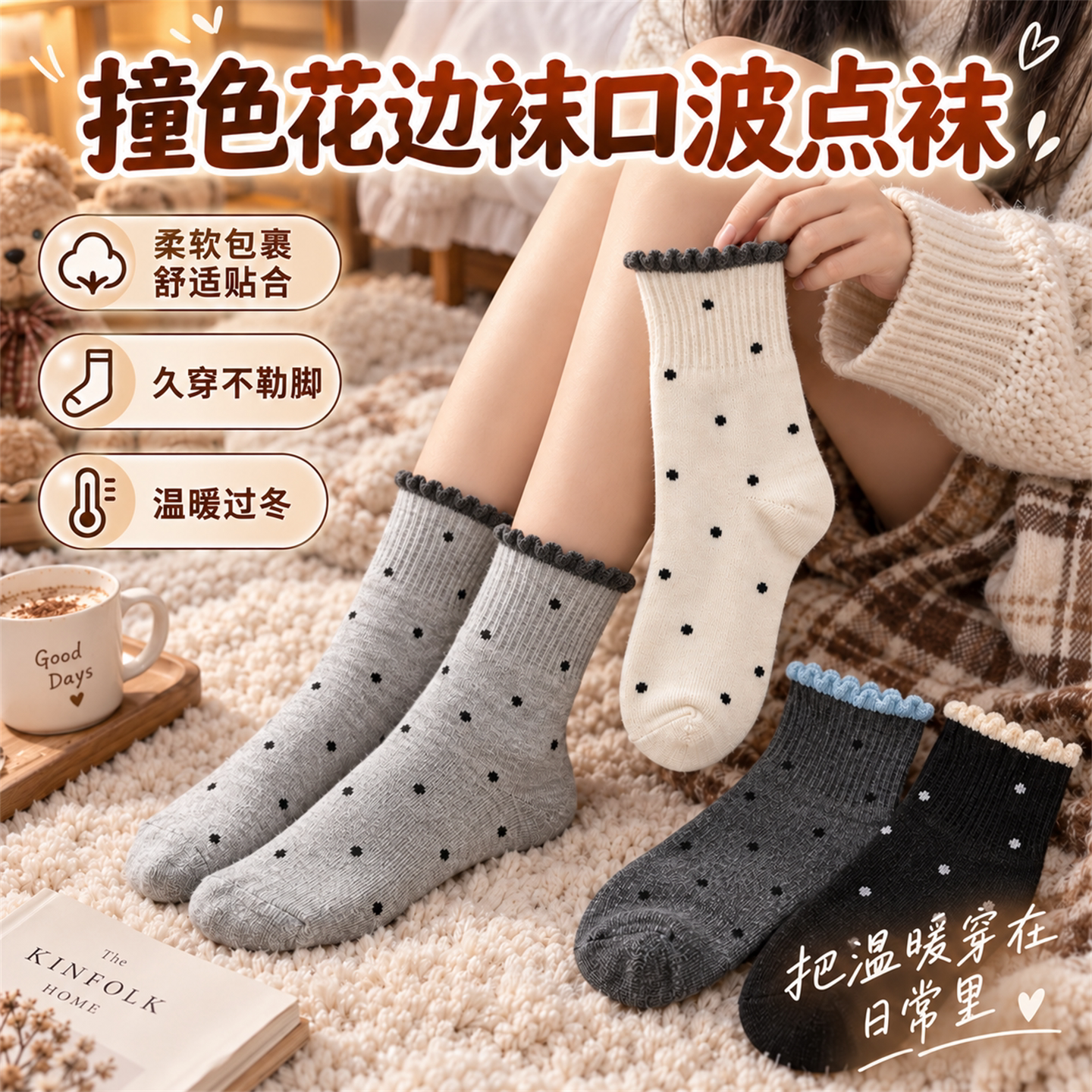 波点羊毛袜子女秋冬季灰色中筒袜