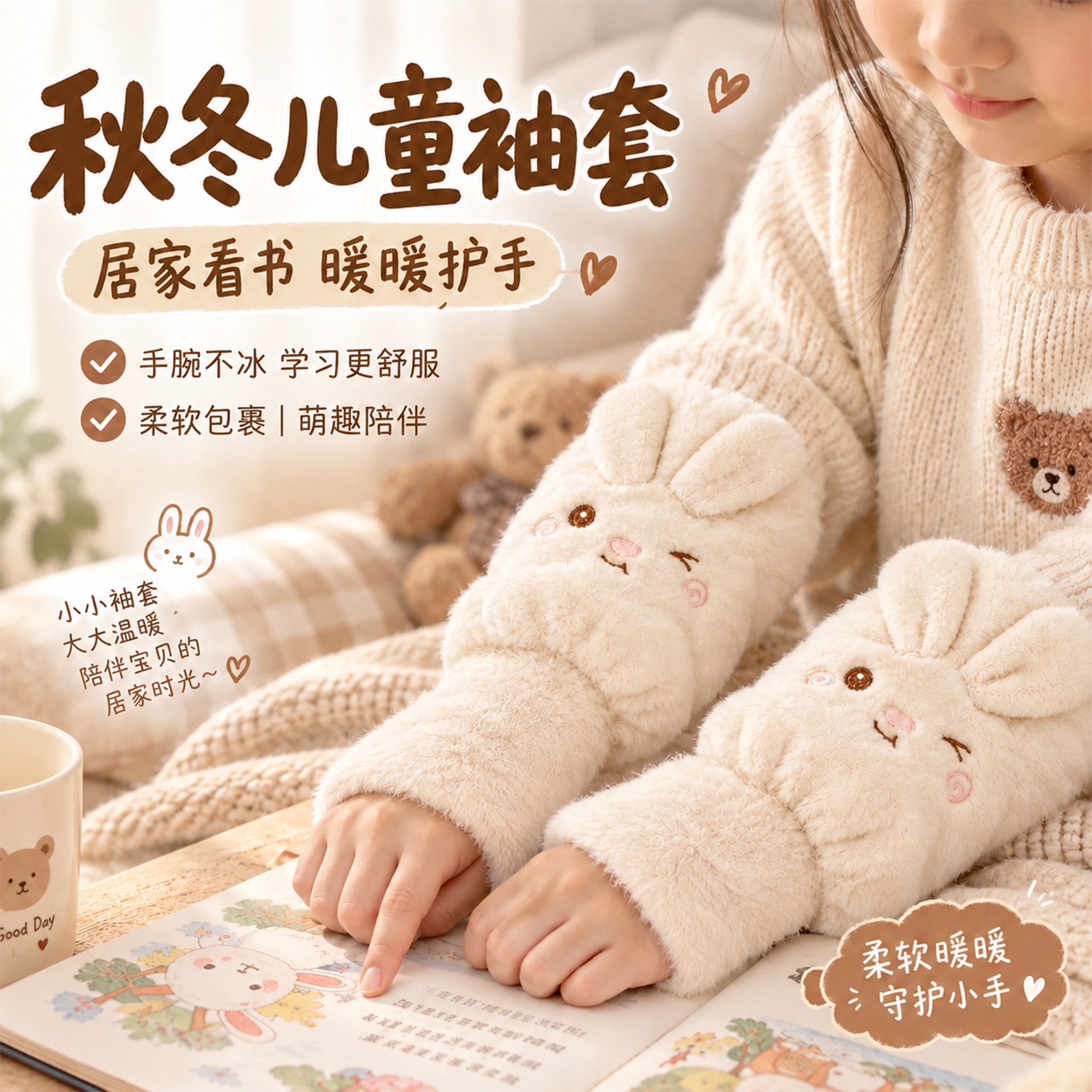 儿童袖套秋冬季新款套袖学生写字暖手防脏护袖保暖女童手套二合一