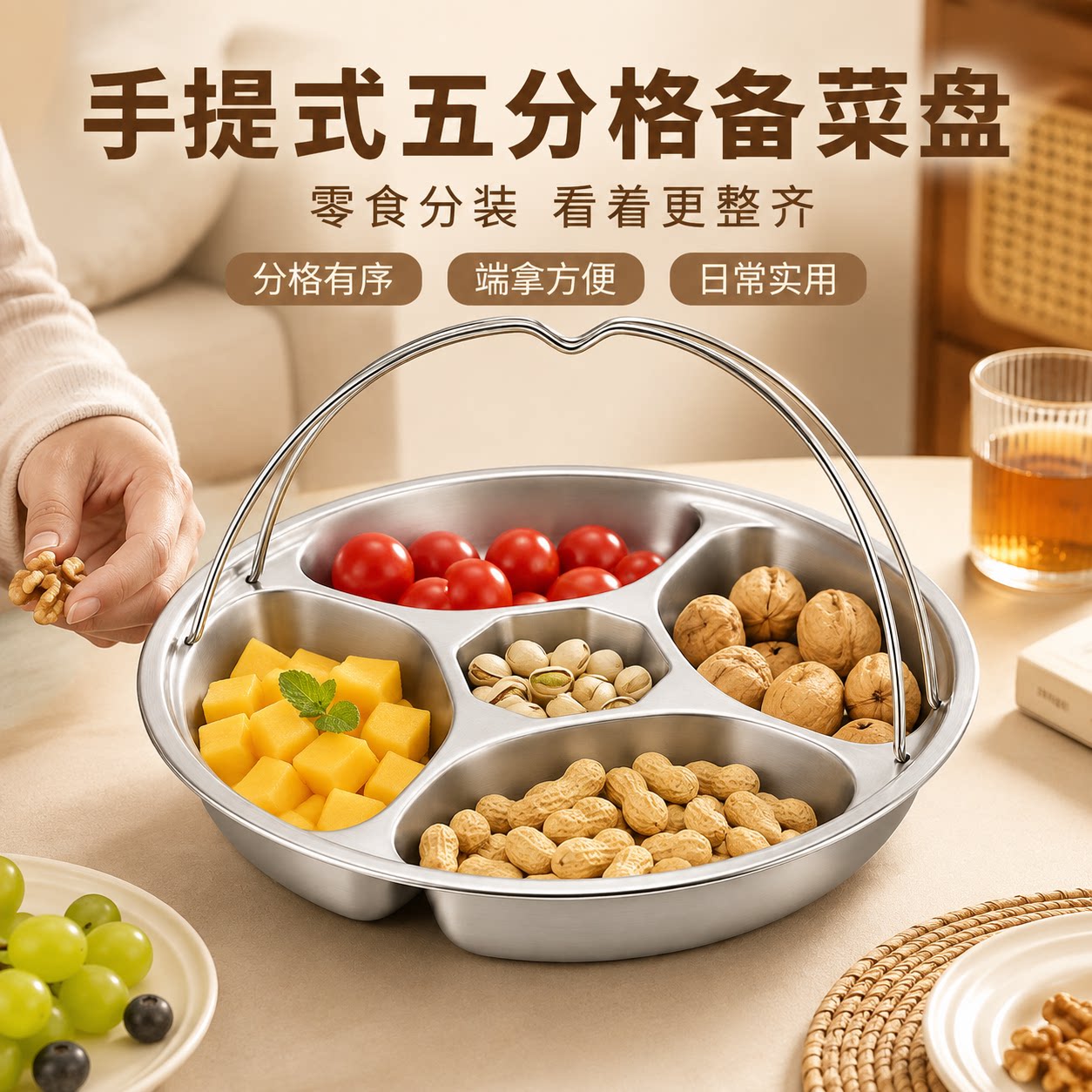 加厚不锈钢备菜盘多功能五分格配菜盘厨房收纳葱姜蒜小料调料盘子