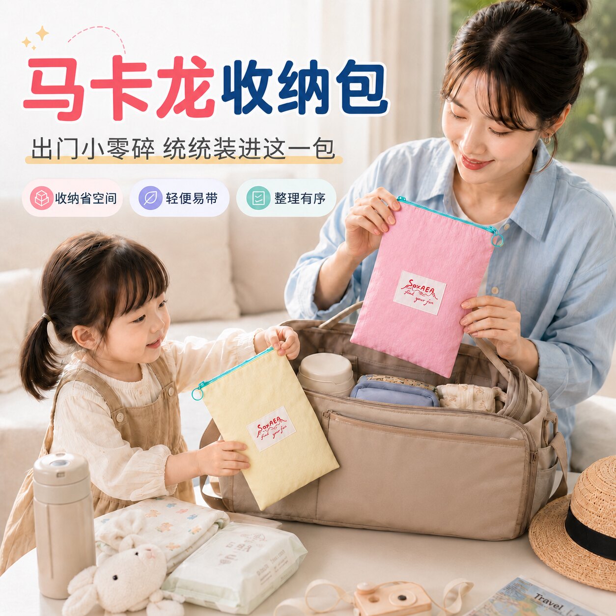 马卡龙收纳外出便携简约小包撞色多巴胺薄款化妆包零钱口红收纳袋