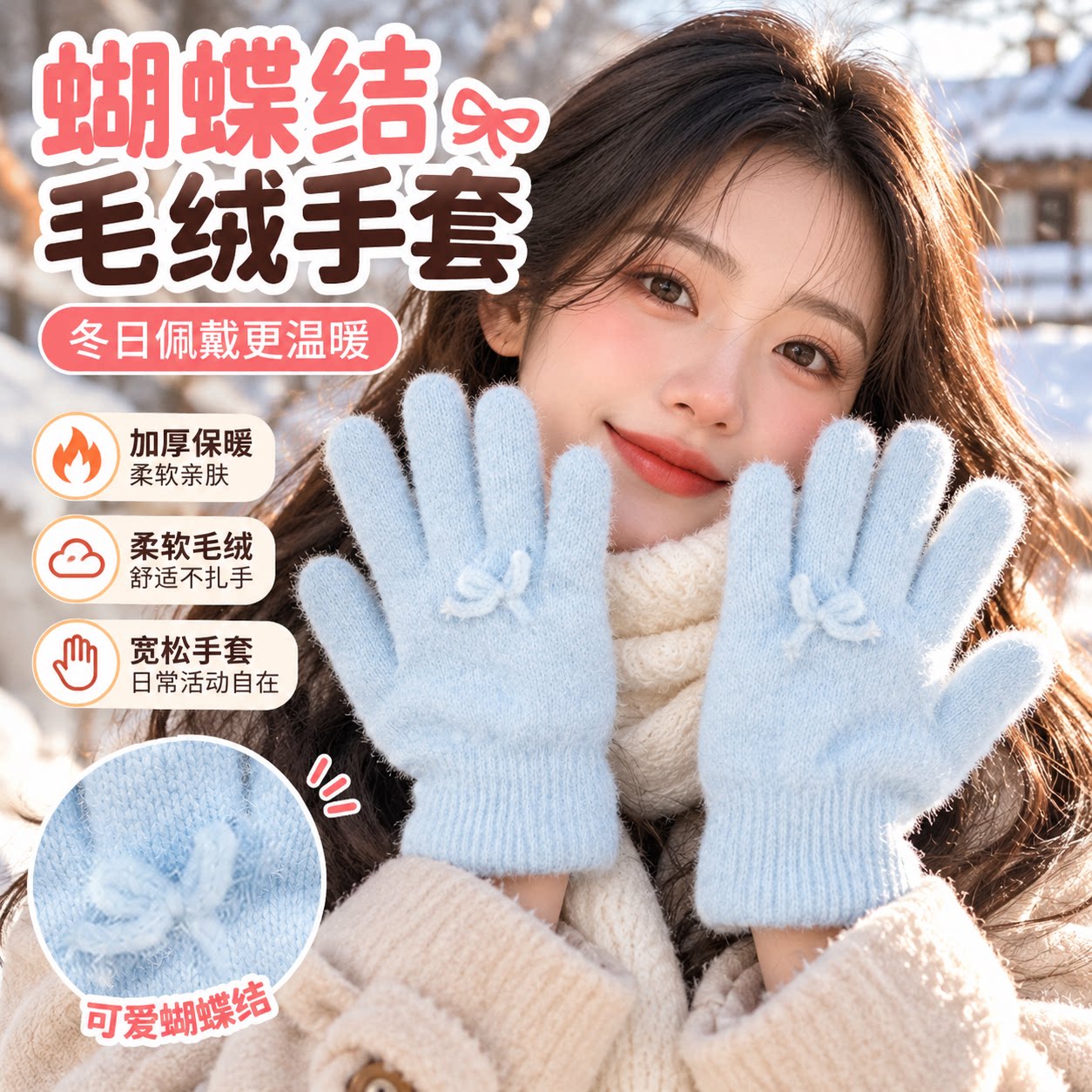 韩系可爱蓝色蝴蝶结针织毛绒手套女冬季加绒保暖防寒分指毛茸茸