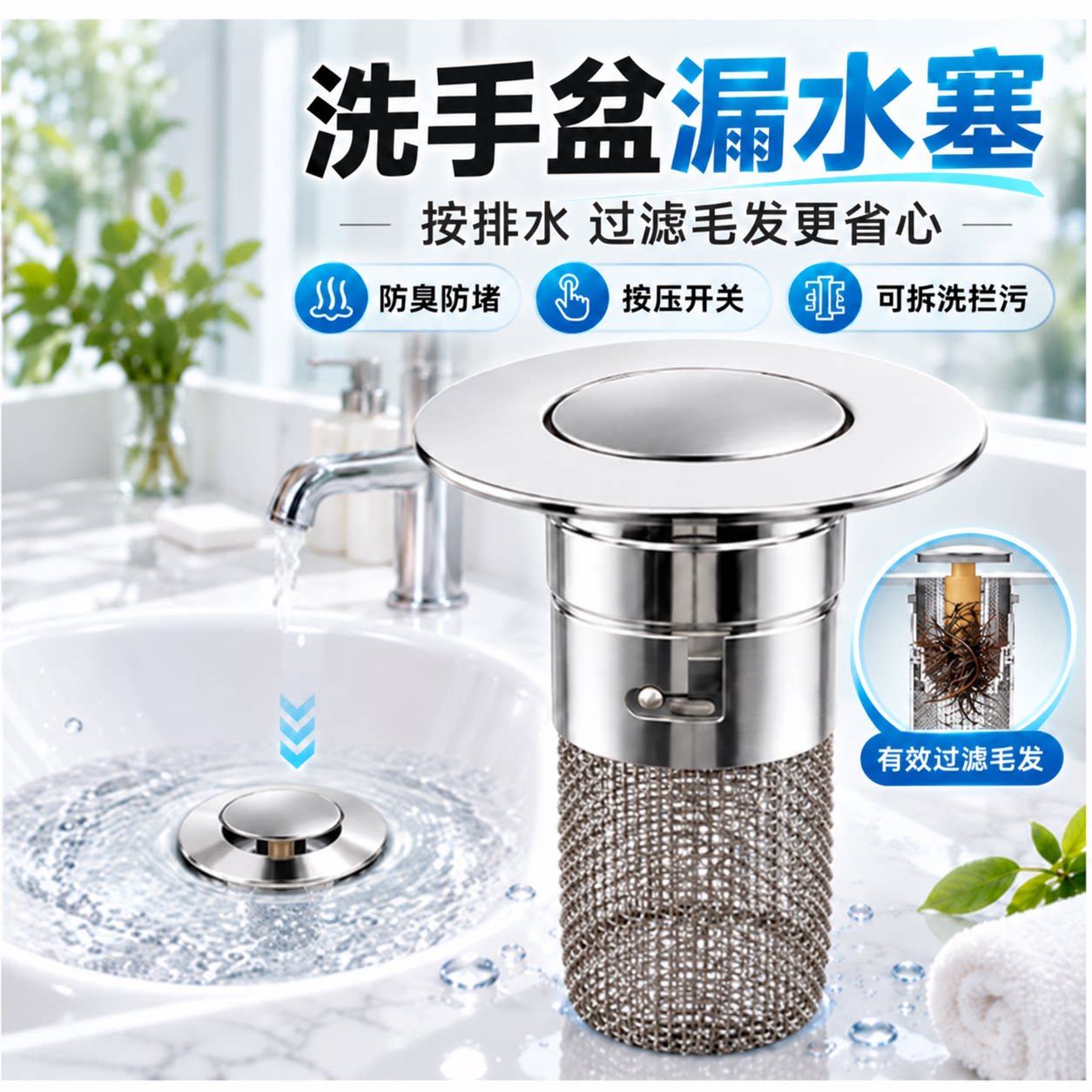 洗手盆漏水弹跳芯通用型防臭器