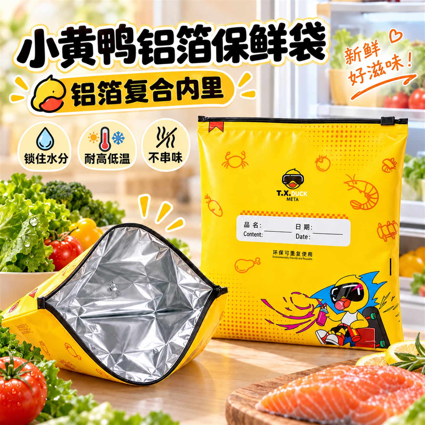 【到手60个】小黄鸭铝箔保鲜袋家用厨房冰箱冷冻生鲜食品分类收纳