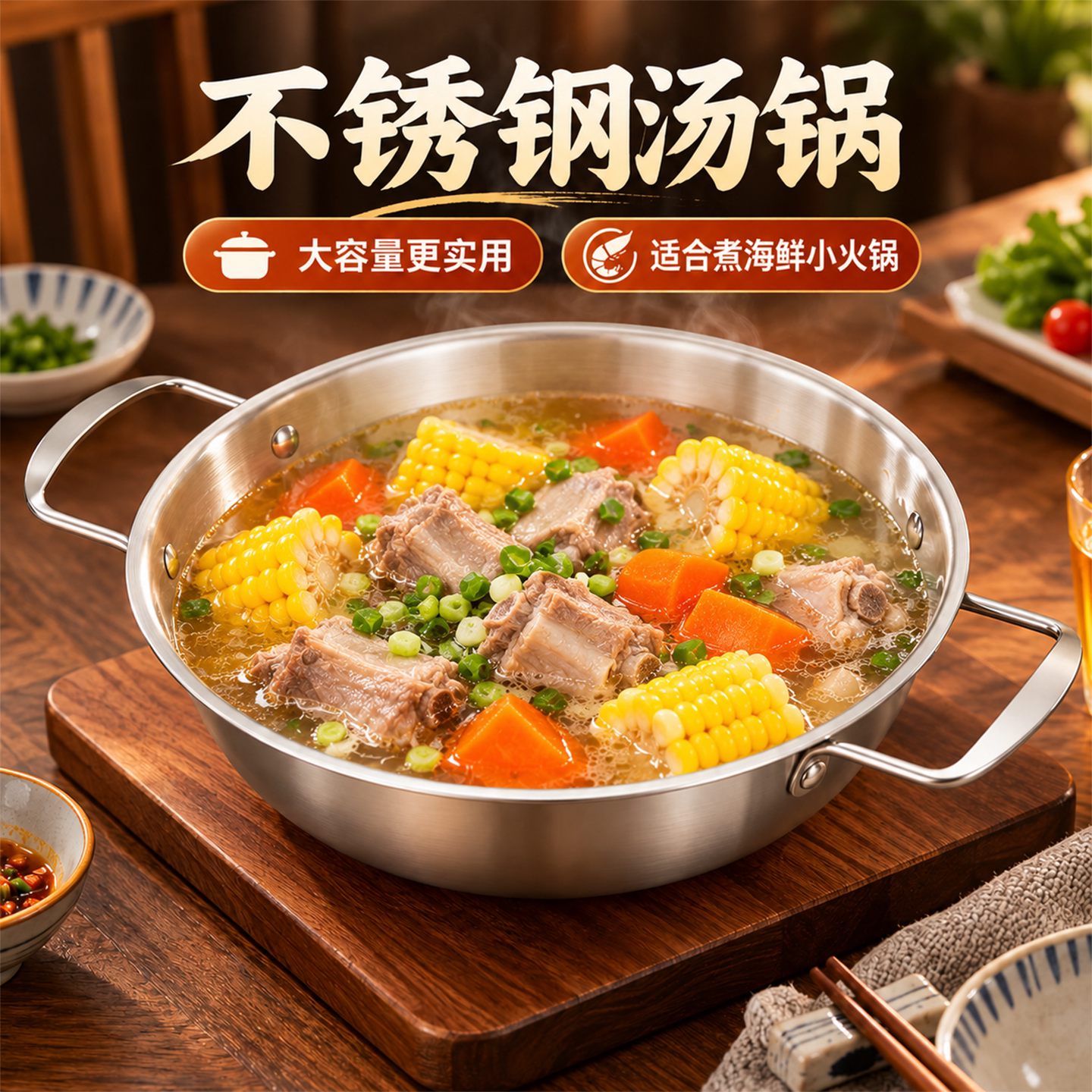 电磁炉加厚不锈钢双耳平底汤锅