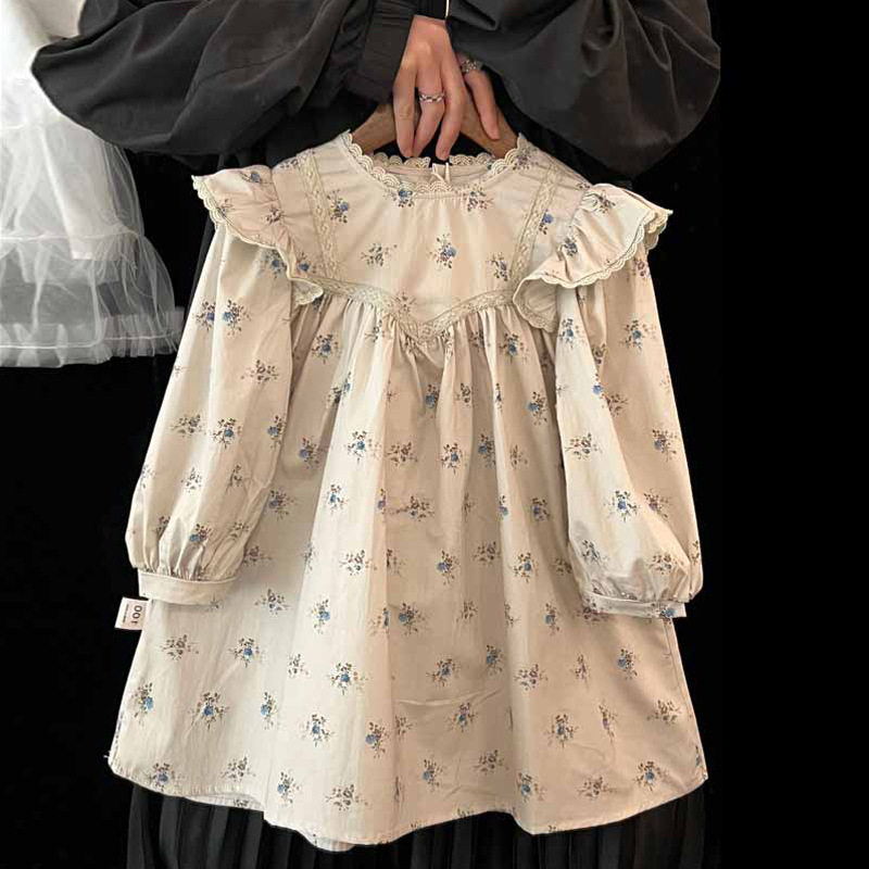 2025新款女童连衣裙春秋季碎花长袖裙子儿童小飞袖蕾丝花边公主裙