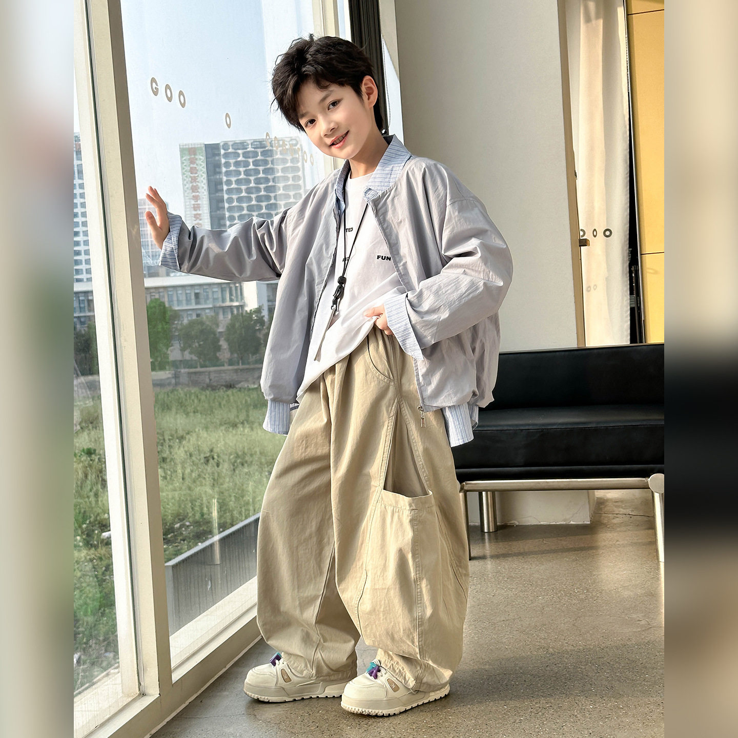 男童2026春季新款大口袋休闲裤熊猫圆圆中大童春装百搭工装裤长裤