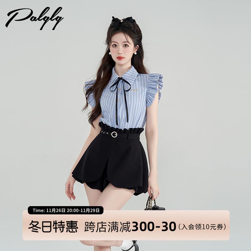 学院风休闲时尚套装夏季高级感甜美小个子蓝色条纹衬衫短裤两件套