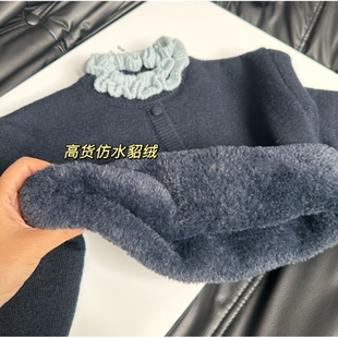 秋冬季儿童一体绒加绒加厚针织毛衣女童木耳花边韩气花边简约上衣