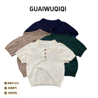 夏季儿童短袖POLO衫老钱风针织镂空男女童上衣镂空透气韩版百搭