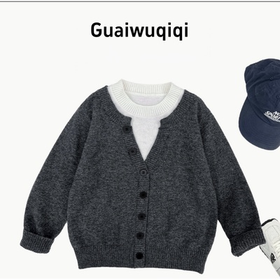 秋冬季儿童套头假两件设计款针织毛衣男女童韩版洋气打底衫简约