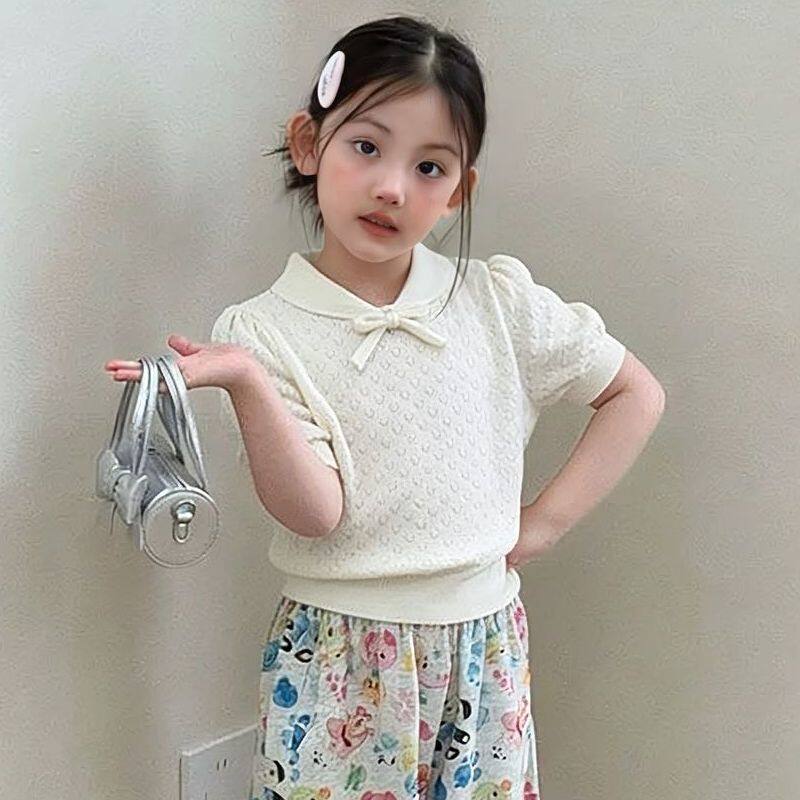 女童针织短袖韩系小香风夏季镂空女孩简约日系甜美polo领上衣T恤