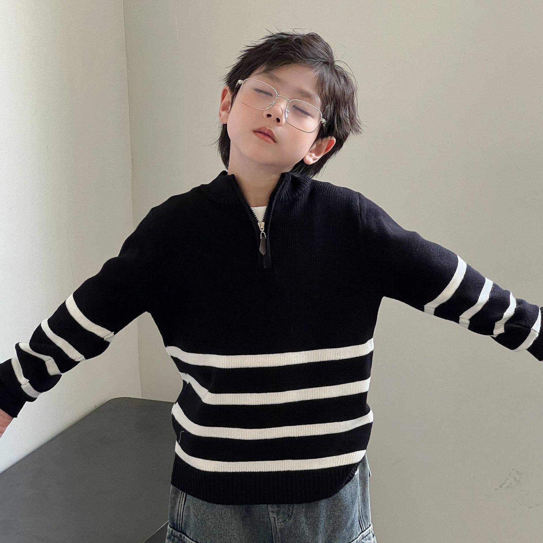 秋冬季儿童毛衣针织衫半拉链上衣套头打底衫半高领百搭外套洋条纹