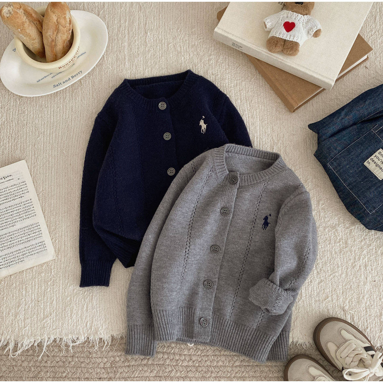 2025春秋冬儿童毛衣男女童袖子夹色韩系胸前小马刺绣百搭开衫毛衣