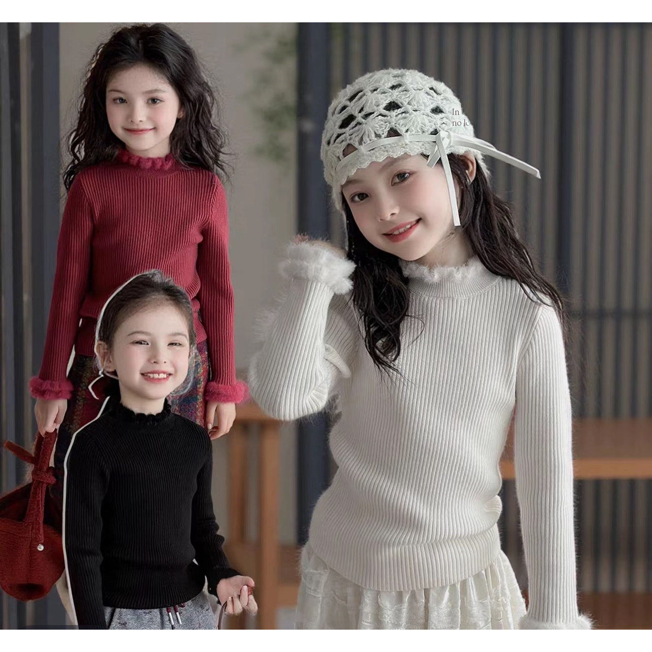 女童打底毛衣新款儿童洋气木耳边绒边针织衫半高领小女孩宝宝上衣