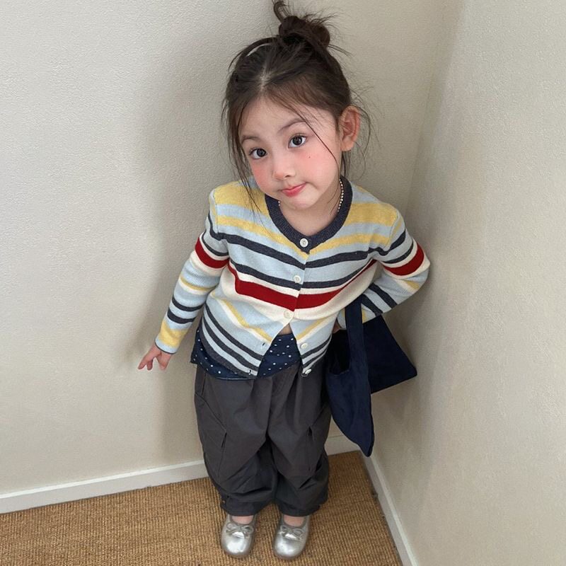 儿童针织毛衣开衫春秋季韩系经典条纹外套宝宝女童童装时尚百搭