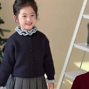 新款儿童一体绒加绒加厚针织毛衣女童木耳花边韩气花边简约上衣