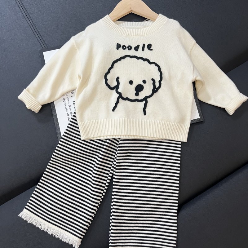 儿童毛衣套装秋季针织套头卡通小狗条纹裤毛边两件套宝宝上衣裤子