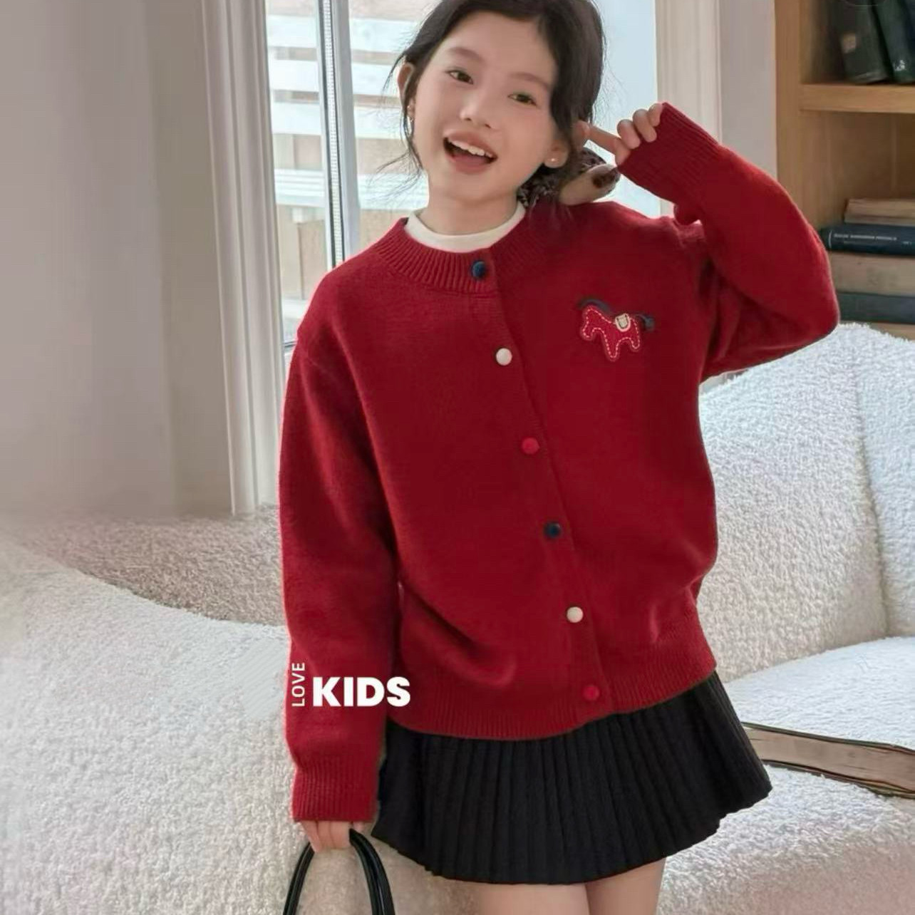 春季儿童秋冬针织毛衣红色小马开衫喜庆百搭外套男女童百搭
