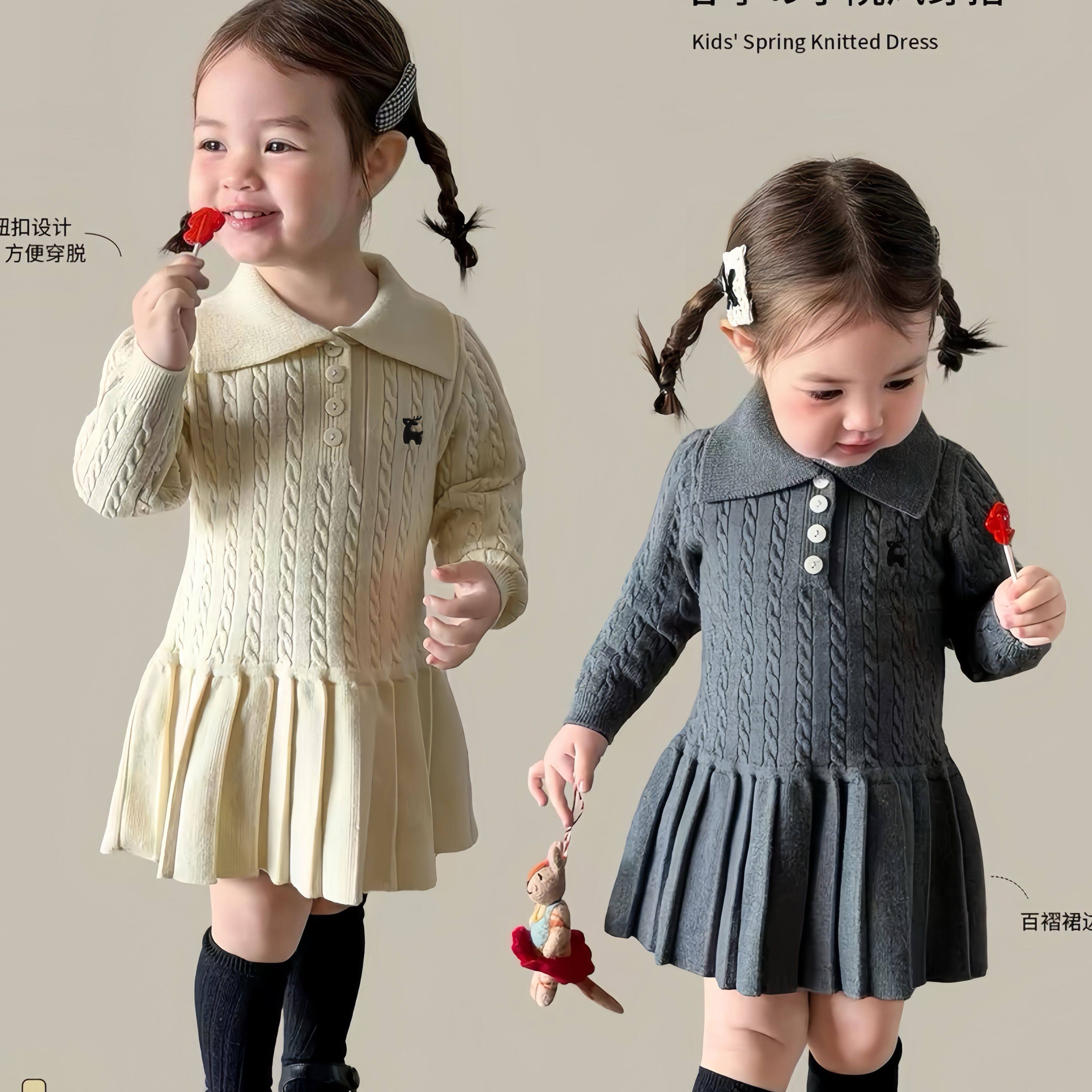 春季新款宝宝针织连衣裙麻花万针刺绣女童百褶裙时尚百搭童装
