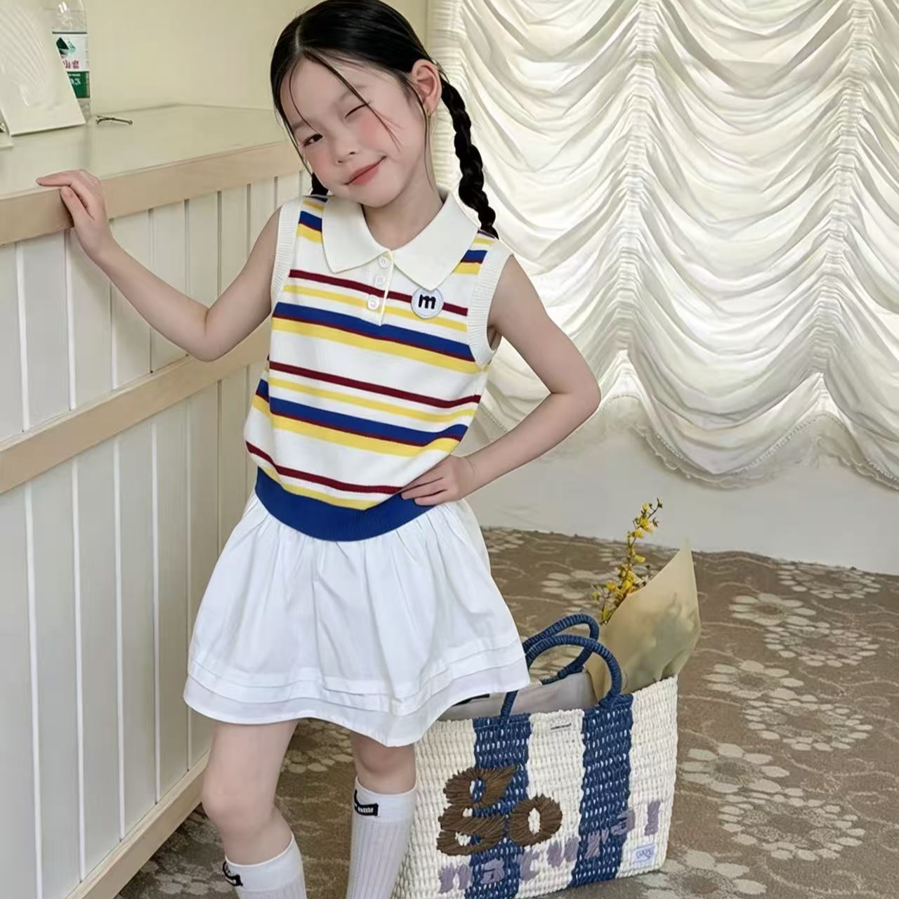 韩系儿童针织背心POLO马甲复古条纹百搭无袖开衫儿童洋气外搭背心