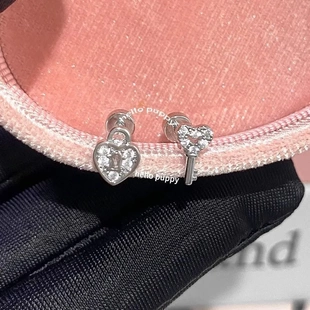 不对称爱心镶钻钥匙耳钉钛钢锁扣叠戴双耳洞甜酷小众气质耳饰女