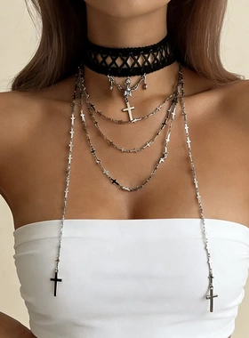 欧美跨境辣妹十字叠戴项链套装ins复古气质Vintage锁骨链现货
