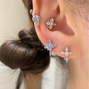 蓝色满钻锆石十字架钛合金耳钉女养耳洞耳骨钉超闪耳饰