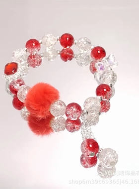 原创设计新款宝石方糖毛球手链小众设计高级感气质百搭红色手串
