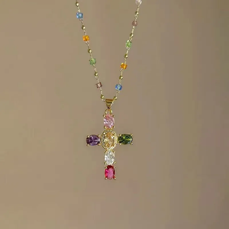多巴胺彩色锆石十字架项链复古甜酷风小众设计个性超闪锁骨链女款