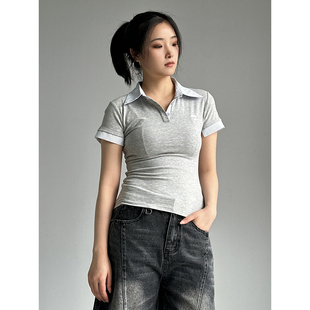 复古假两件短袖 女夏季 美式 POLO衫 辣妹风正肩T恤显瘦上衣 韩版 修身