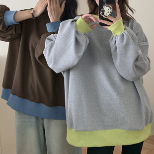 华夫格拼色新款宽松圆领休闲卫衣慵懒风上衣百搭大款秋季大码女装