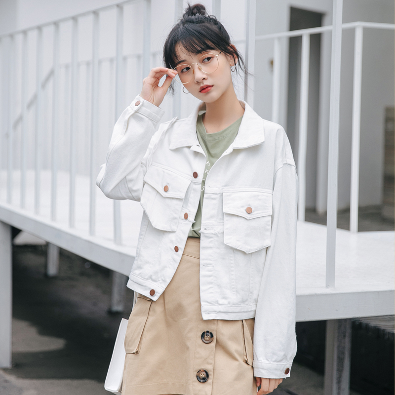 實拍春寬鬆顯瘦百搭白色牛仔短外套女夾克上衣
