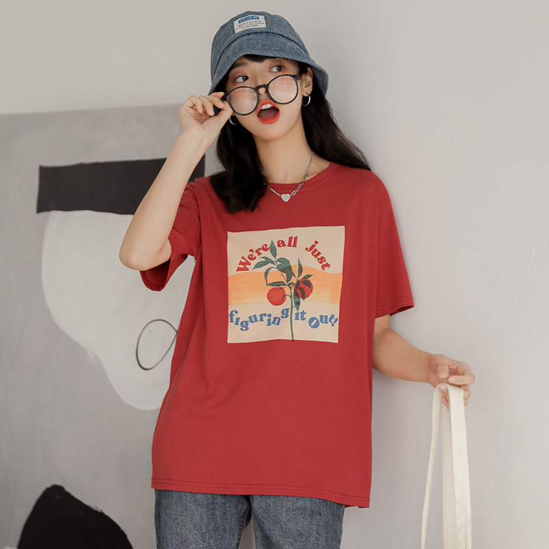 Real shooting summer new simple and versatile retro printing red short T-shirt casual top female